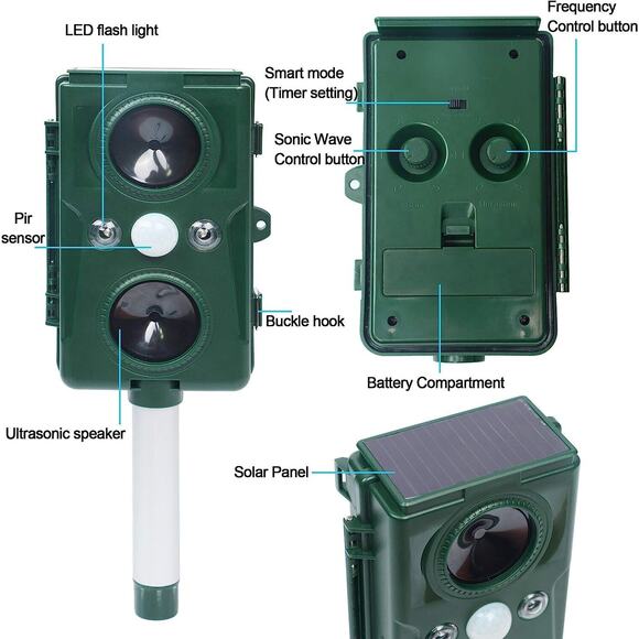 Solar Ultrasonic Animal Pest Repeller Cat Rodent Squirrel Raccoon Bird Deterrent - Picture 3 of 11